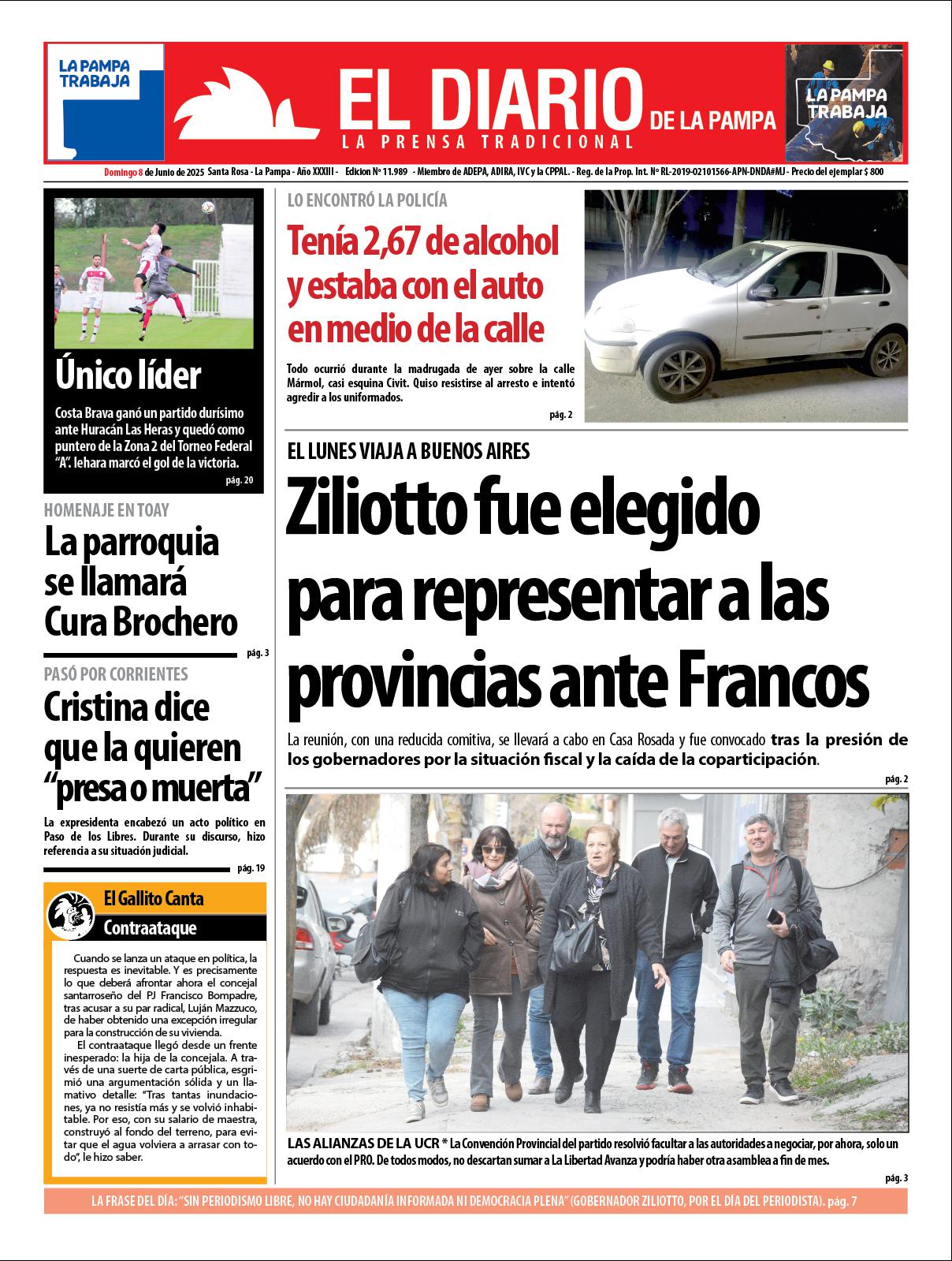 Tapa de El Diario en papel  domingo 08 de junio de 2025
